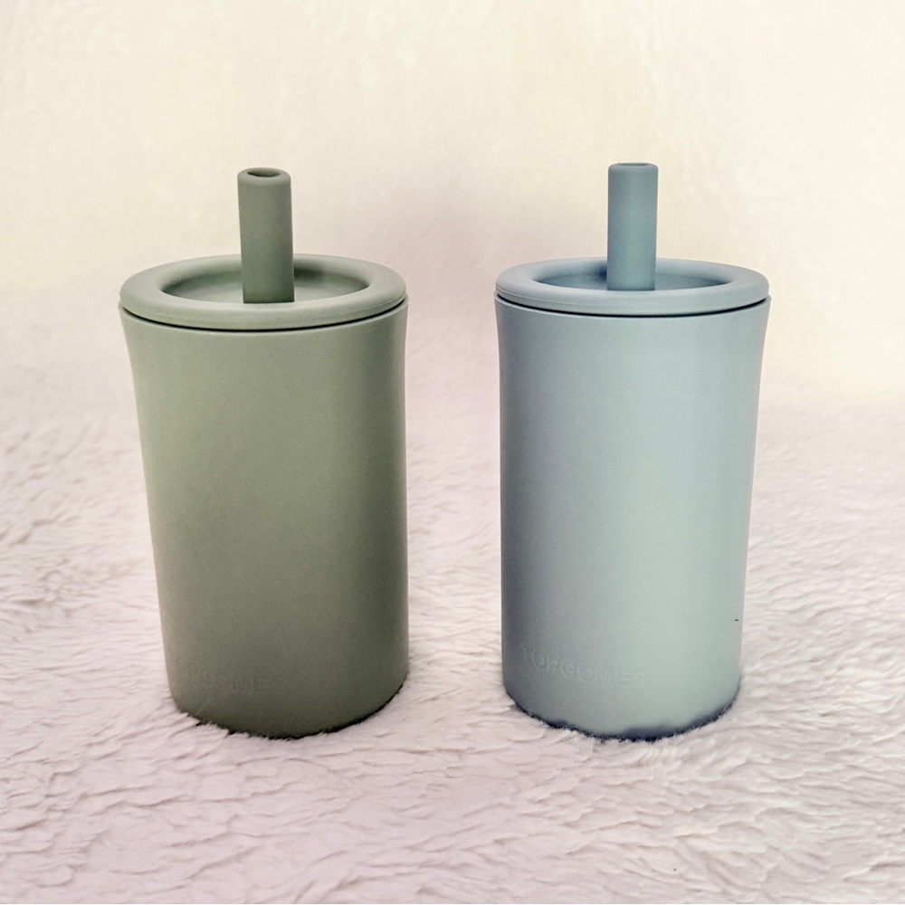 Topgomes Silicone Toddler Straw Cup 7oz Capacity Set of 2 Light Blue Green